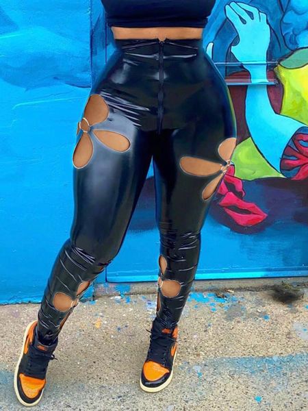 

women's pants s sifreyr streetwear black skinny pu leather pant fashion hollow out high waist pencil casual trousers female 230410, Black;white