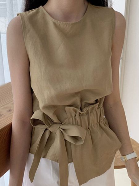 

women's blouses shirts lady office tank vests summer sleeveless irregular blouse vonda casual crew neck pleated blouse fashion female, White