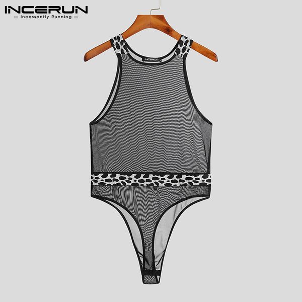 

men's sleepwear men bodysuits pajamas leopard patchwork mesh see through sleepwear bodysuit men skinny rompers underwear incerun s5xl 2, Black;brown