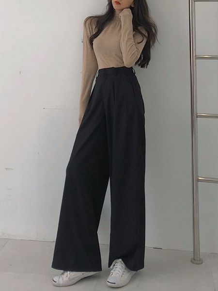 

women's pants s houzhou basic casual baggy pant wide leg vintage trousers female office oversized korean fashion loose harajuku elegant, Black;white
