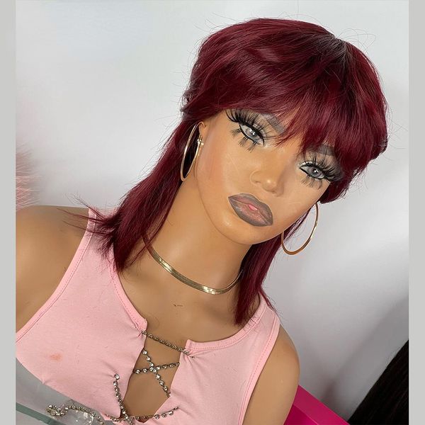 

short straight human hair wigs with bangs natural color brazilian remy hair pixie cut wig black burgundy red human hair wig for black women, Black;brown