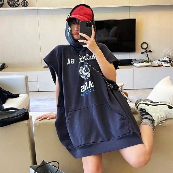 

womens designer t shirt tracksuit shirt high version heavy industry washing water 1917 crown wheat head sleeveless, Black