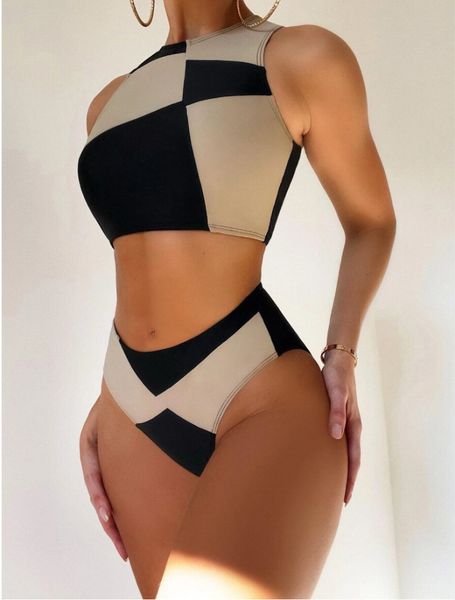 

2023 new color blocked bikini high waist swimwear, White;black