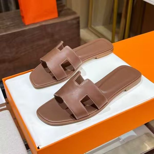 

italy designer oran sandal h cut-out fashion epsom calfskin leather slippers summer luxury flat slides ladies summer beach sandal party wedd, Black