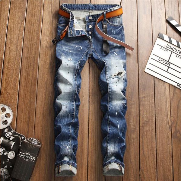 

d2 autumn and winter new tattered paint splicing slim small straight tube hole beggar cow men's jeans 1005 kxv qky, Blue
