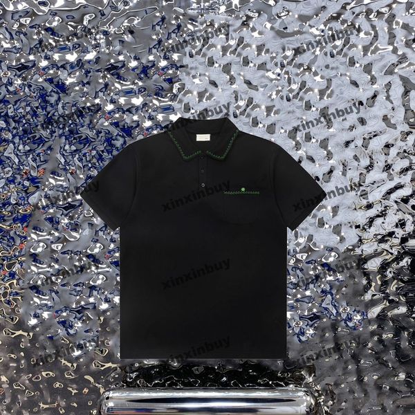 

xinxinbuy men designer tee t shirt 23ss paris lace embroidery pocket letter embroidery short sleeve cotton women black blue gray m-2xl, Black;brown