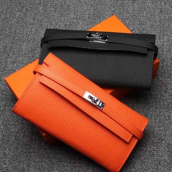 

2023 new genuine leather cowhide original litchi pattern long three fold drawstring silver buckle women's wallet handbag