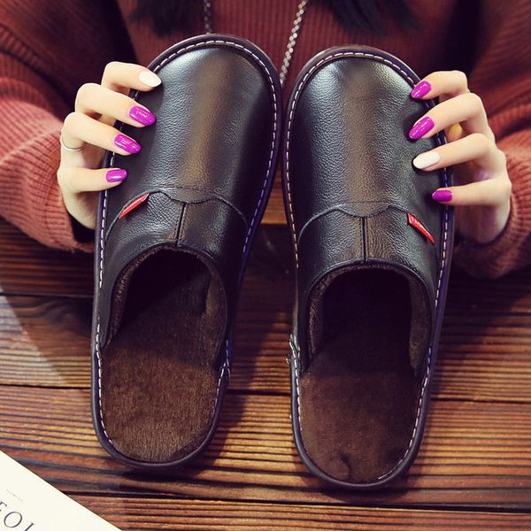 

slippers first layer cowhide slipper and men winter indoor warm lovers thick wool antiskid leather s cotton 230410, Black
