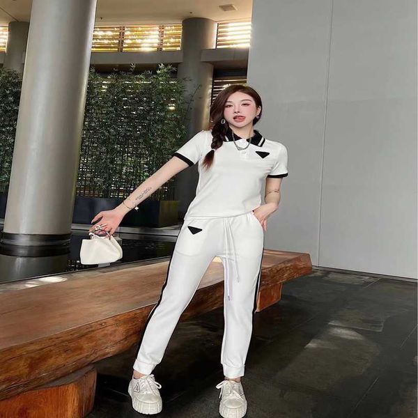 

2023 new women's tshirt shirt early spring contrast polo triangle decorative elastic waist drawstring pants casual sports women, White
