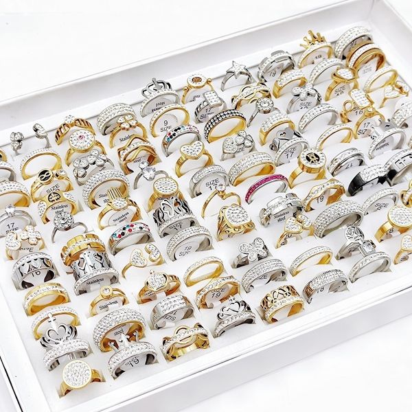 

band rings 10pcs lot trendy luxury stainless steel zircon crystal for men women mix designs butterfly heart geometric hollow jewelry 230410, Silver