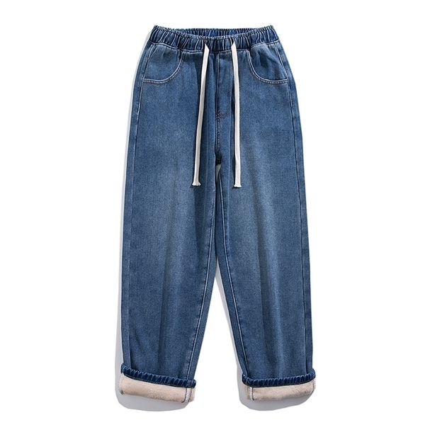 

men's pants winter men's warm pocket jeans street clothing korean fashion denim wide leg pants wool thick casual men's brand, Black