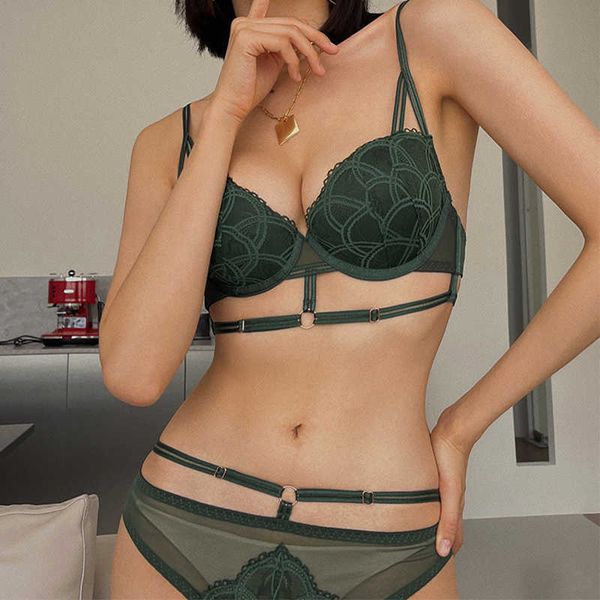 

bras sets new hollow bra set for women lace embroidery underwear cotton 3/4 cup deep v push up brassiere plus size panties lingerie aa230410, Red;black