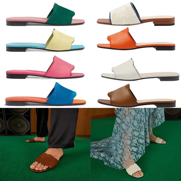 

2023 summer slipper womens embroidered canvas designer slides slip on slippers girls leather genuine flat heel outside matching indoor slide, Black