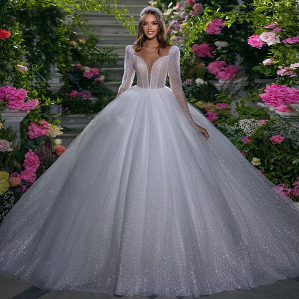 

luxury bling wedding dress 2023 lace beading pearls long sleeves sweetheart sequined ball gown bride gowns robe de mariee, White