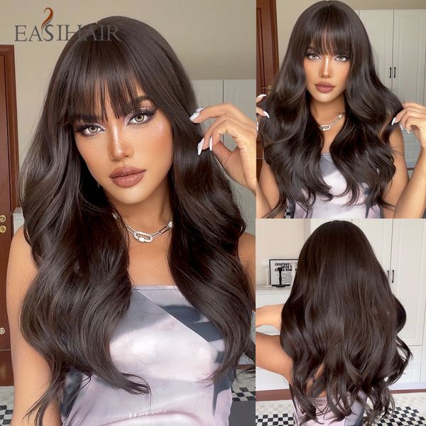 

synthetic wigs easihair long brown black wavy with bang natural wave hair wig for women daily cosplay heat resistant fiber 230410