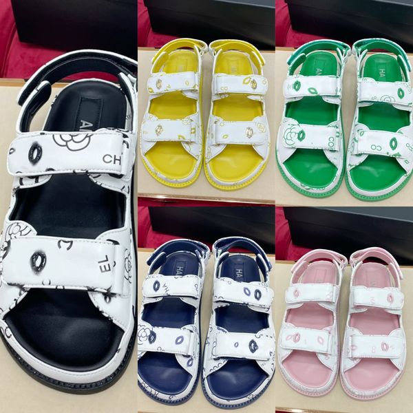 

2023 paris logo printed leather teva dad mule sandals quilted lambskin sandals espadrille for women girls interlocking c buckle summer shoes, Black