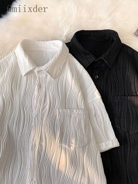 

men's casual shirts gmiixder pleated jacquard short-sleeved shirt men's summer ice silk thin breathable loose casual blouse korean, White;black