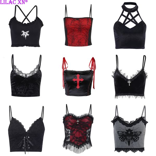 

camisoles tanks goth lace corset crop camis y2k harajuku aesthetic black red cross basic tank summer women grunge emo streetwear 230411, Black;white