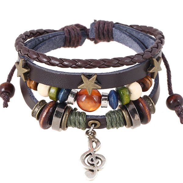 

charm bracelets handmade boho gypsy hippie design brown leather star g clef note metal charms wood button beads wrap adjustable bracelet 230, Golden;silver