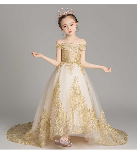

girl's dresses off shoulder girl wedding dress golden sequin lace kids party first communion gown kids baptism pageant gown flower girl, Red;yellow