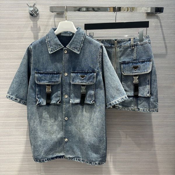 

designer two piece dress 2023 short sleeve loose lapel jacket and casual pocket skirt fashion ladies denim suits, White