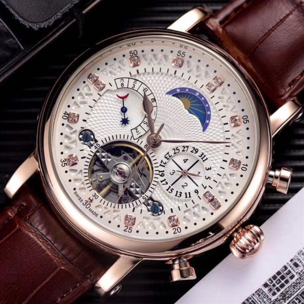 

swiss watch leather tourbillon watch automatic men wristwatch men mechanical steel watches relogio masculino clock303h, Slivery;brown