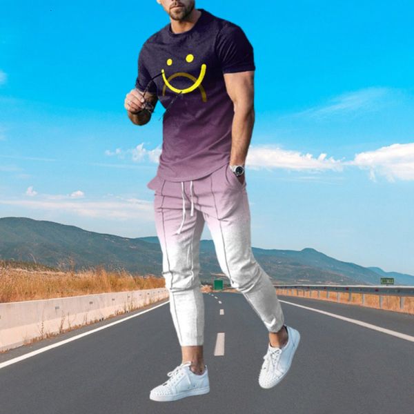 

men's tracksuits summer sportwear suit short sleeve t shirt long pants men 2 piece sets men tracksuit 3d printed smiling face oversized, Gray