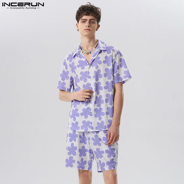 

men's tracksuits hawaiian sets flower printed vacation summer lapel short sleeve shirt shorts 2pcs streetwear 2023 casual suits incerun, Gray
