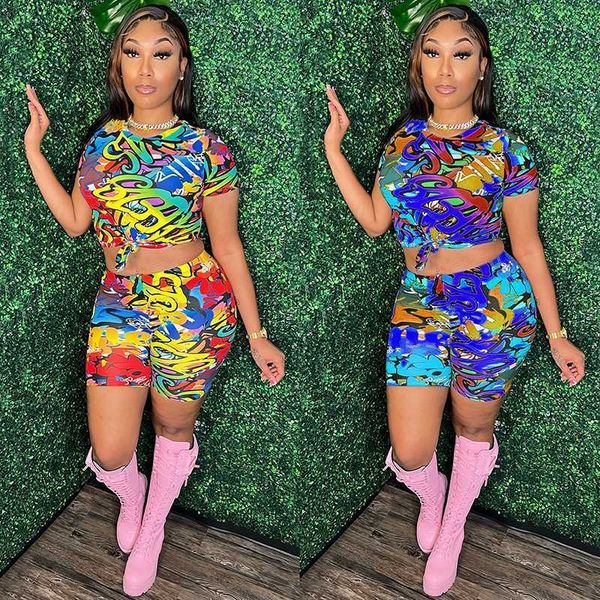 

womens designer clothing tracksuits two piece outfits 2023 summer fashion graffiti print round neck casual two piece set, Gray