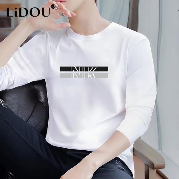 

men's tshirts autumn winter pure cotton solid casual loose tshirts man long sleeve fashion y2k print homme letter korean pullover male, White;black