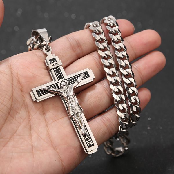 

chokers stainless steel crucifix jesus cross necklace pendant multilayer jesus christ crucifix necklaces with 24'' chain 230410, Golden;silver