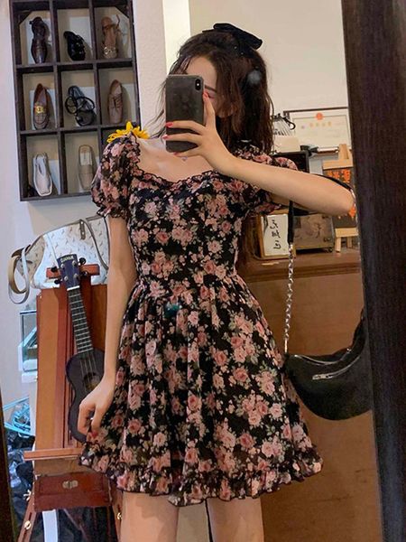 

casual dresses ruffles mini dress woman spring summer square collar short sleeve dresses women fashion floral slim short skirt 230410, Black;gray