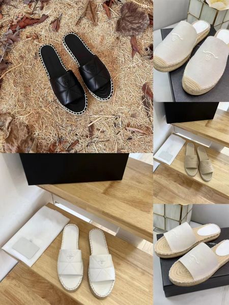 

2023 luxury designer slippers women's fisherman sandals beach brown linen slippers box and dust bag women's flat heels35-41, Black