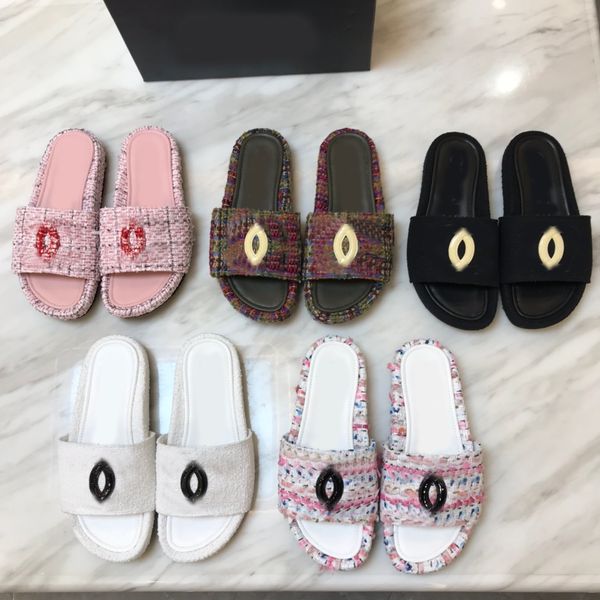 

2023 women slippers tweed change thick bottom sandals dad mule leather lambskin soles platform slides paris slip on espadrille fashion flip, Black