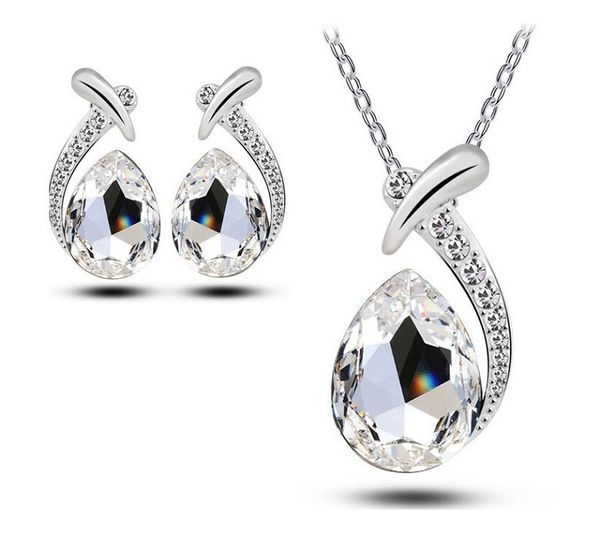 

wholesale fish beauty style water droplets necklace earrings suit inlaid crystal twinkle plating white k valentine's day jewelry non fa, Silver