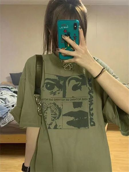 

women's t-shirt qweek y2k grunge graphic t-shirt green korean fashion harajuku oversized women tees 90s vintage streetwear aesthetic t, White