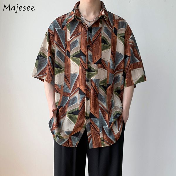 

men's casual shirts men short sleeve shirts loose vintage harajuku simple beach printed streetwear males casual korean stylish all-mat, White;black
