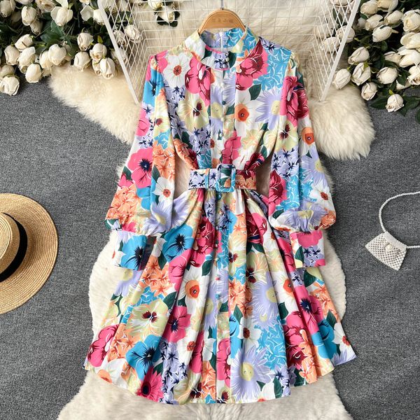 

spring and autumn standing collar retro print dress mid length ruffle edge waist wrapped long sleeve pleated flower fragmented fairy dress, Black;gray