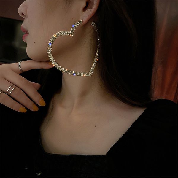 

fashion big heart crystal charm hoop earrings for women bijoux geometric rhinestones earrings statement jewelry gifts, Golden