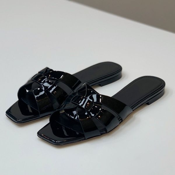

tribute woven sandals slippers slides heeled flat heels square open-toe shoes women's luxury designers patent leather outsole pretty ca, Black