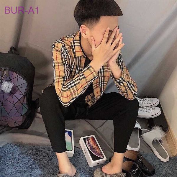 

burbersys clothes original designer mens casual shirt spring and summer rainbow plaid social guy ins couple long sleeve net red student vers, White;black