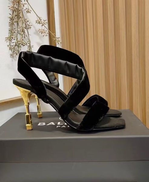 

luxury summer brand moneta sandals shoes lady gold sculpted heel black velvets strappy party wedding women walking eu35-40