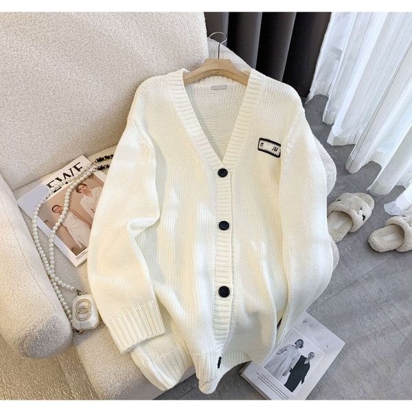 

Women Knitted Cardigan Sweater V-neck Single-breasted White Coat Outerwear Fashion Casual Tops Women Clothing Korea Japan