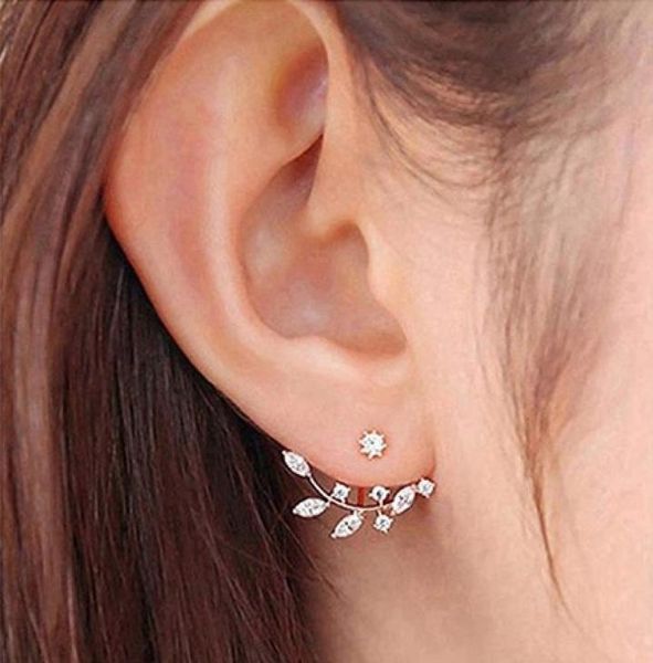 

leaf ear cuff cz crystal ear jacket front back stud earring for woman girls6647911, Golden;silver