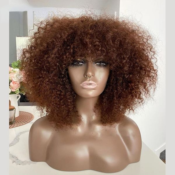 

Short Bob Curly Human Hair Wigs Ombre Brazilian Remy Hair WIgs With Bangs Full 180% Density Synthetic Wigs For Black Women, Brown color like picture show