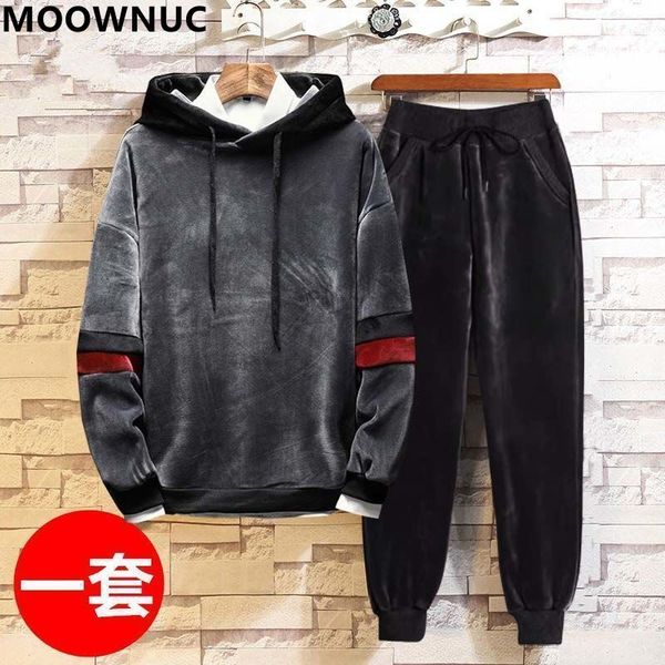 

men's tracksuits spring and autumn men's fashion casual gold velvet jacket men's casual loose large size two-piece set 5xl 23, Gray