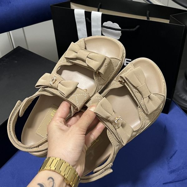 

23s beige black ribbon dad sandal diamond gold buttons women's hook loop strap quilted slingbacks chanl strap platform mule slides summ