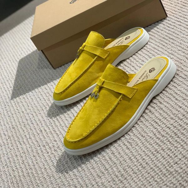 

lp piana summer charms embellished walk suede slippers cloesed toe luxe mule shoes genuine leather casual slip-on flats for women luxury des, Black