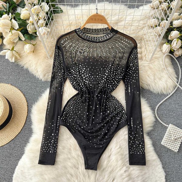 

nxy diamonds design mesh bodysuits long sleeve slim underwear thin jumpsuits women fashion autumn solid rompers 230328, Black;white