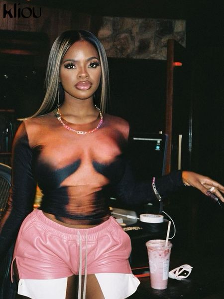 

women's t-shirt kliou y2k aesthetic body print t-shirt women hipster street distinctive round neck long sleeve 3d slim attirewear clot, White